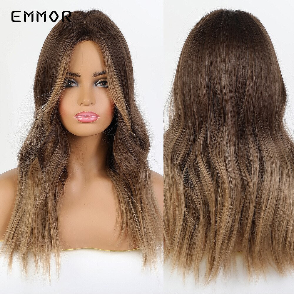 Synthetic Women Long Wavy Wigs Brown with Blonde Wigs Natural Wavy Heat Resistant Wig for Women Wigs
