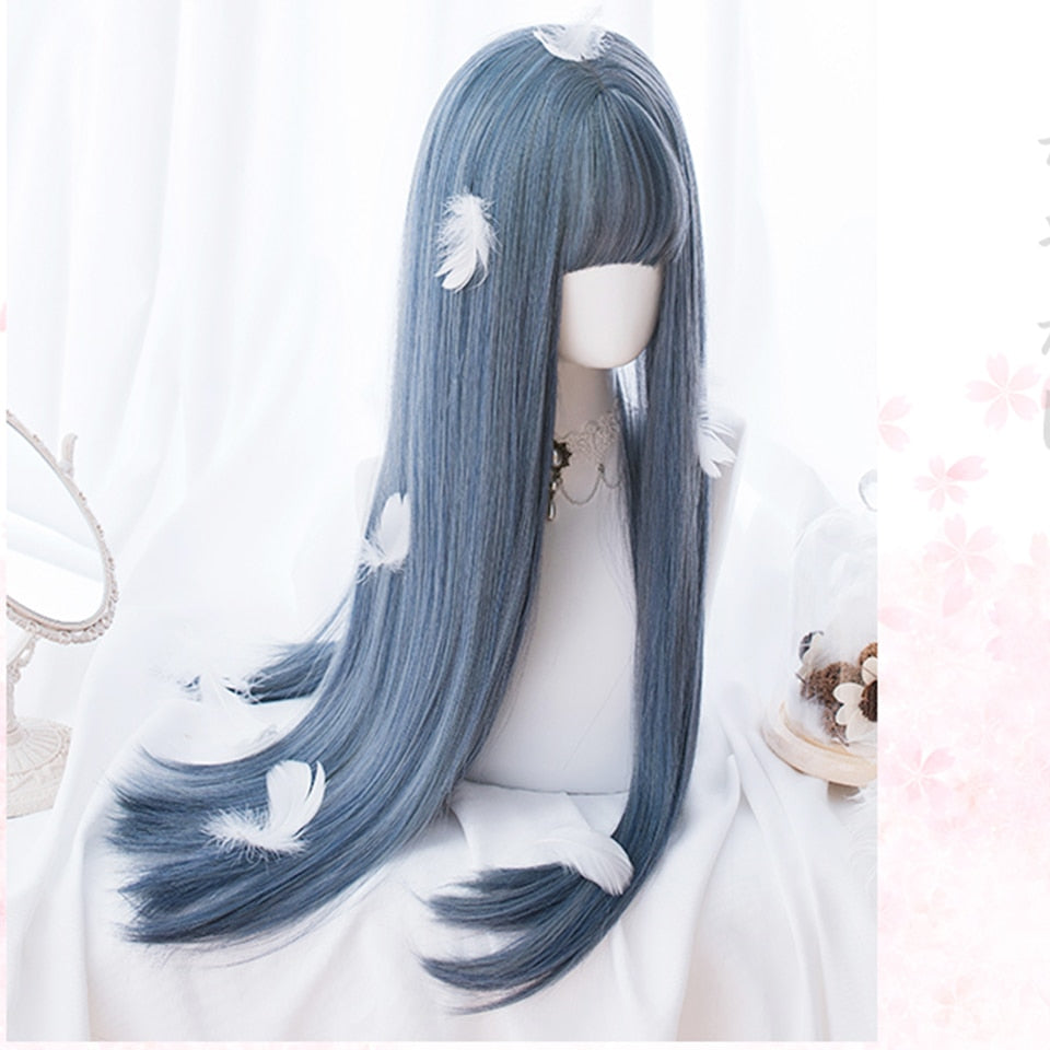 lolita wigs Long straight wigs lady gray blue high temperature resistant synthetic wig cosplay party natural wig