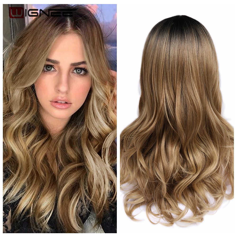 Long Wavy Synthetic Wigs Heat Resistant Middle Part Mix Blue Cosplay Hair For Women African American Natural Party Wigs