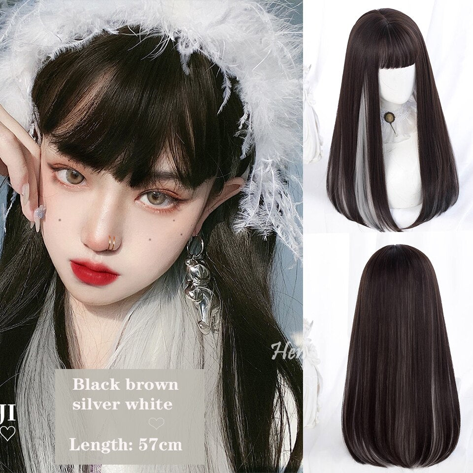 Long straight hair synthetic wig girl pink white gradient bangs cosplay Lolita party heat-resistant wigs