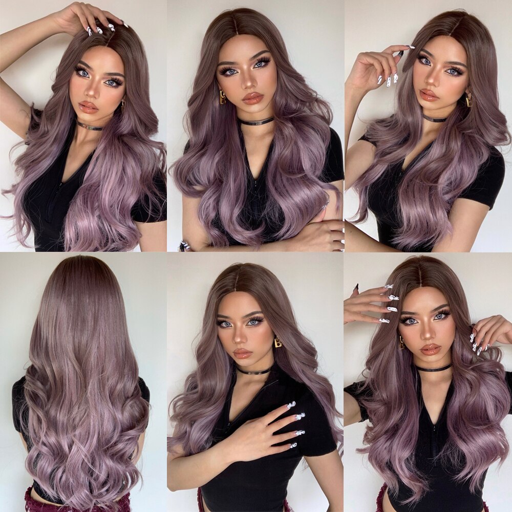 Long Wavy Ombre Brown Purple Synthetic Wigs for Women Heat Resistant Natural Middle Part Cosplay Party Lolita Hair Wigs