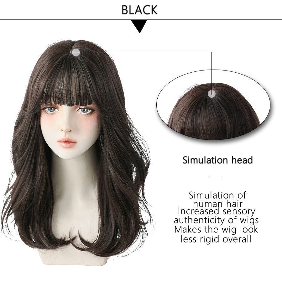WIGS Long Wavy Curly Black Brown Synthetic Blend Wigs With Fluffy Bangs For Women Daily Wear Four Seasons Hair