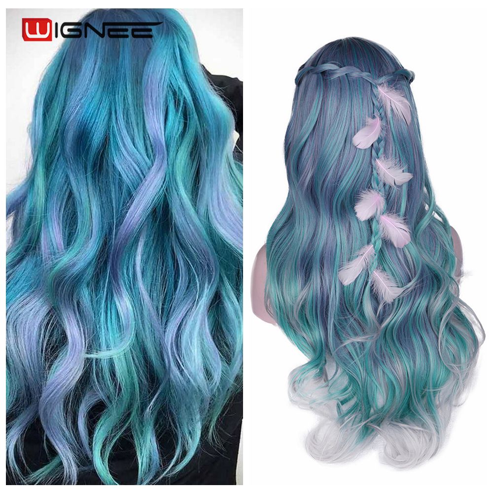 Long Wavy Synthetic Wigs Heat Resistant Middle Part Mix Blue Cosplay Hair For Women African American Natural Party Wigs