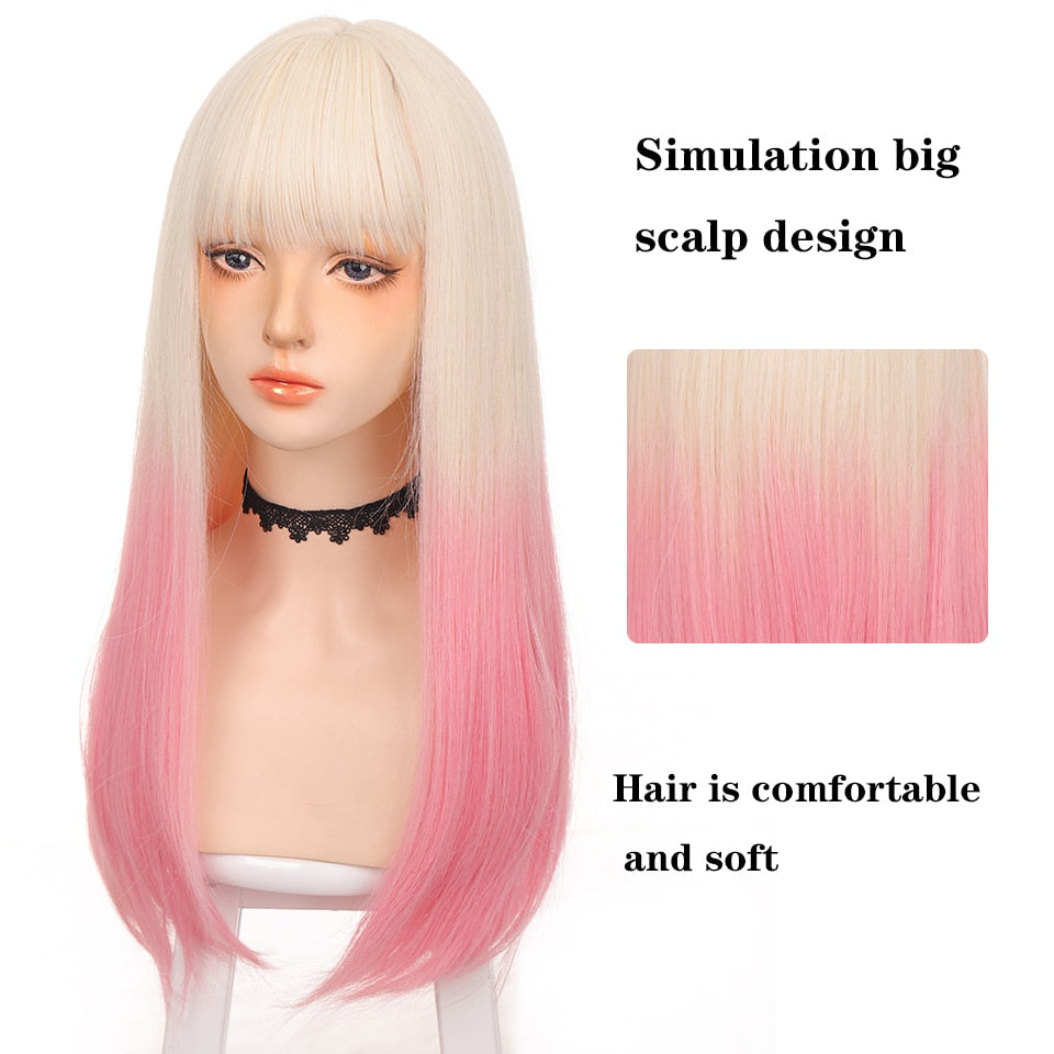 Long straight hair synthetic wig girl pink white gradient bangs cosplay Lolita party heat-resistant wigs