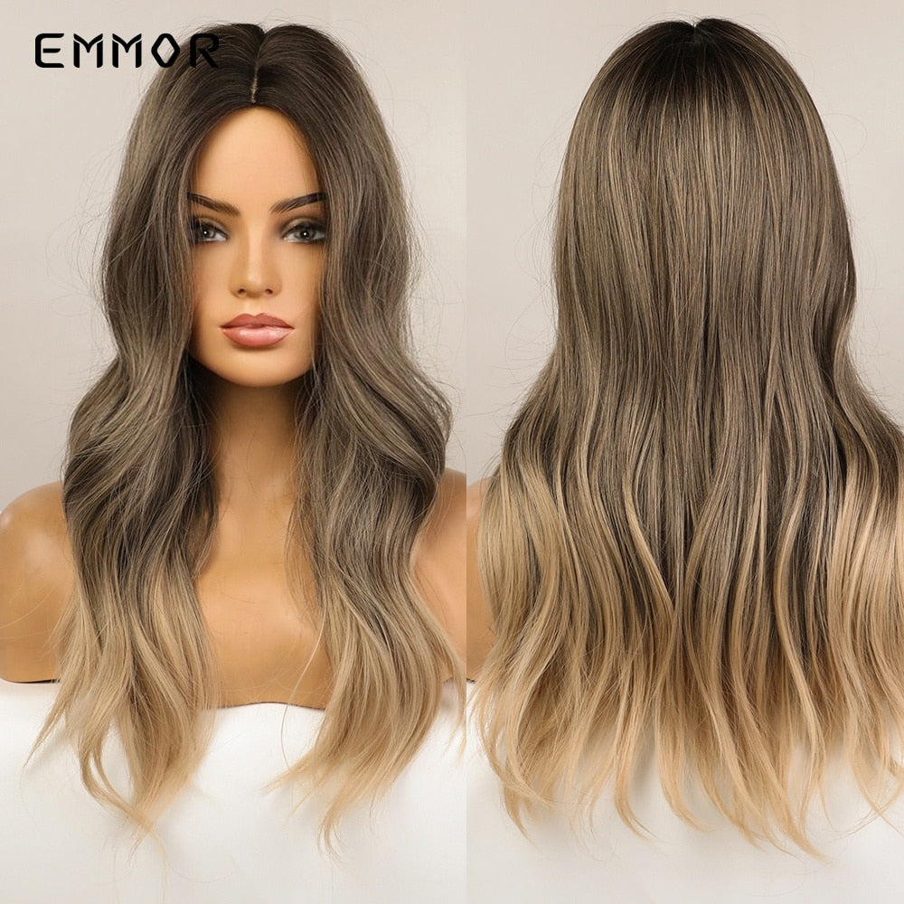 Synthetic Women Long Wavy Wigs Brown with Blonde Wigs Natural Wavy Heat Resistant Wig for Women Wigs