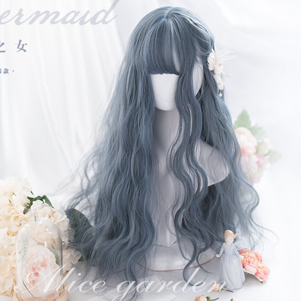 Synthetic long wavy curly hair female cold brown black cosplay Lolita pink purple blue wig heat-resistant bangs