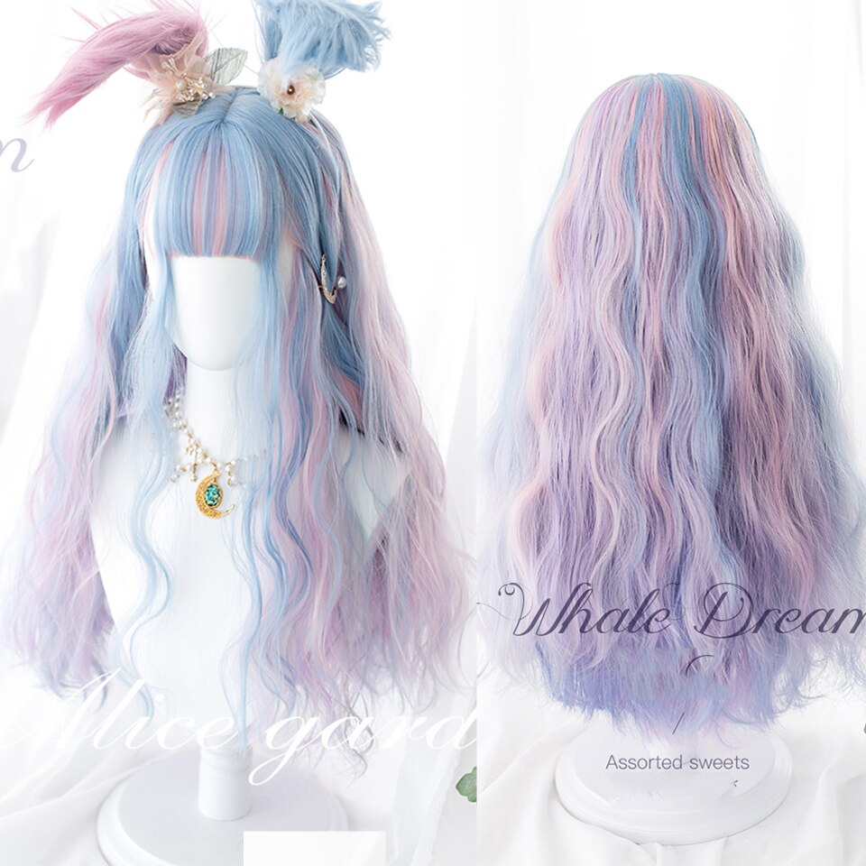 Synthetic long wavy curly hair female cold brown black cosplay Lolita pink purple blue wig heat-resistant bangs