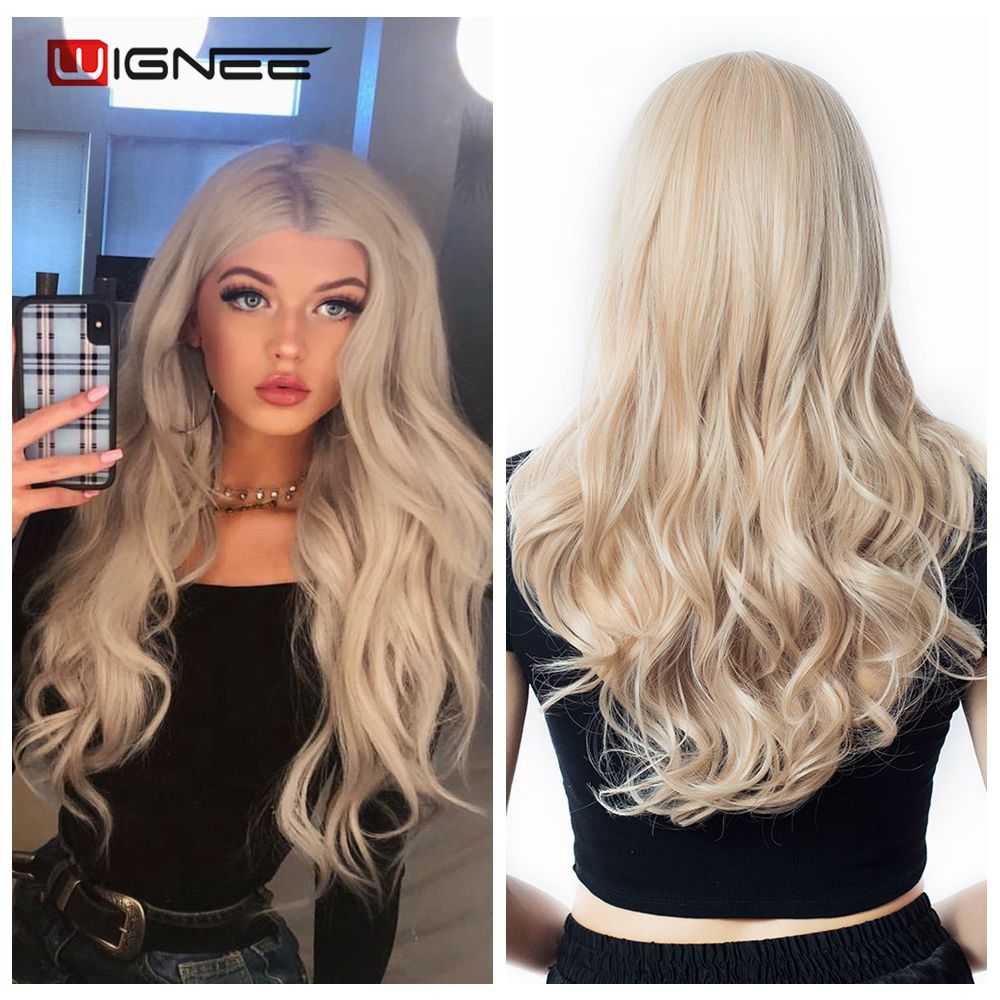 Long Wavy Synthetic Wigs Heat Resistant Middle Part Mix Blue Cosplay Hair For Women African American Natural Party Wigs