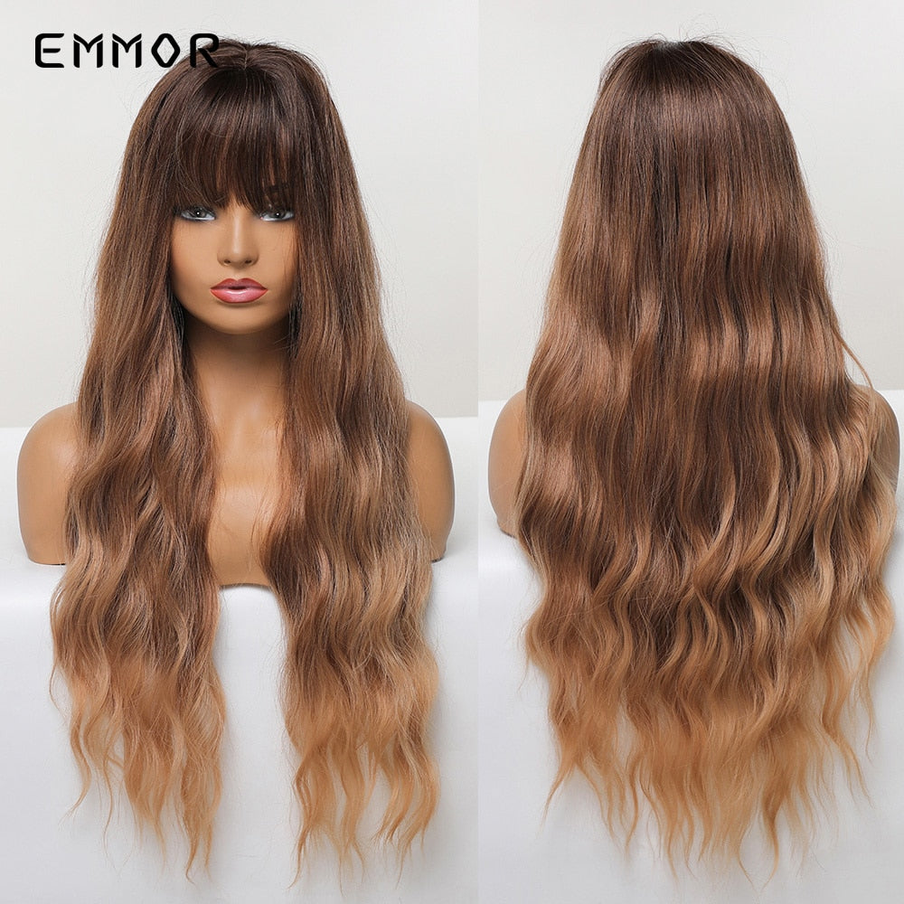 Synthetic Ombre brown to Light Blonde Hair Wig with Bangs Natural Wavy Wig for Women Cosplay Heat Resistant Fiber Wigs