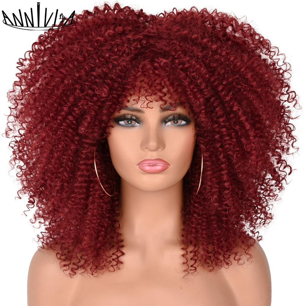 Curly Afro Wigs For Black Women Short Kinky Curly Wigs With Bangs 16inch Brown Afro Hair Synthetic Fibre Glueless Cosplay Hair