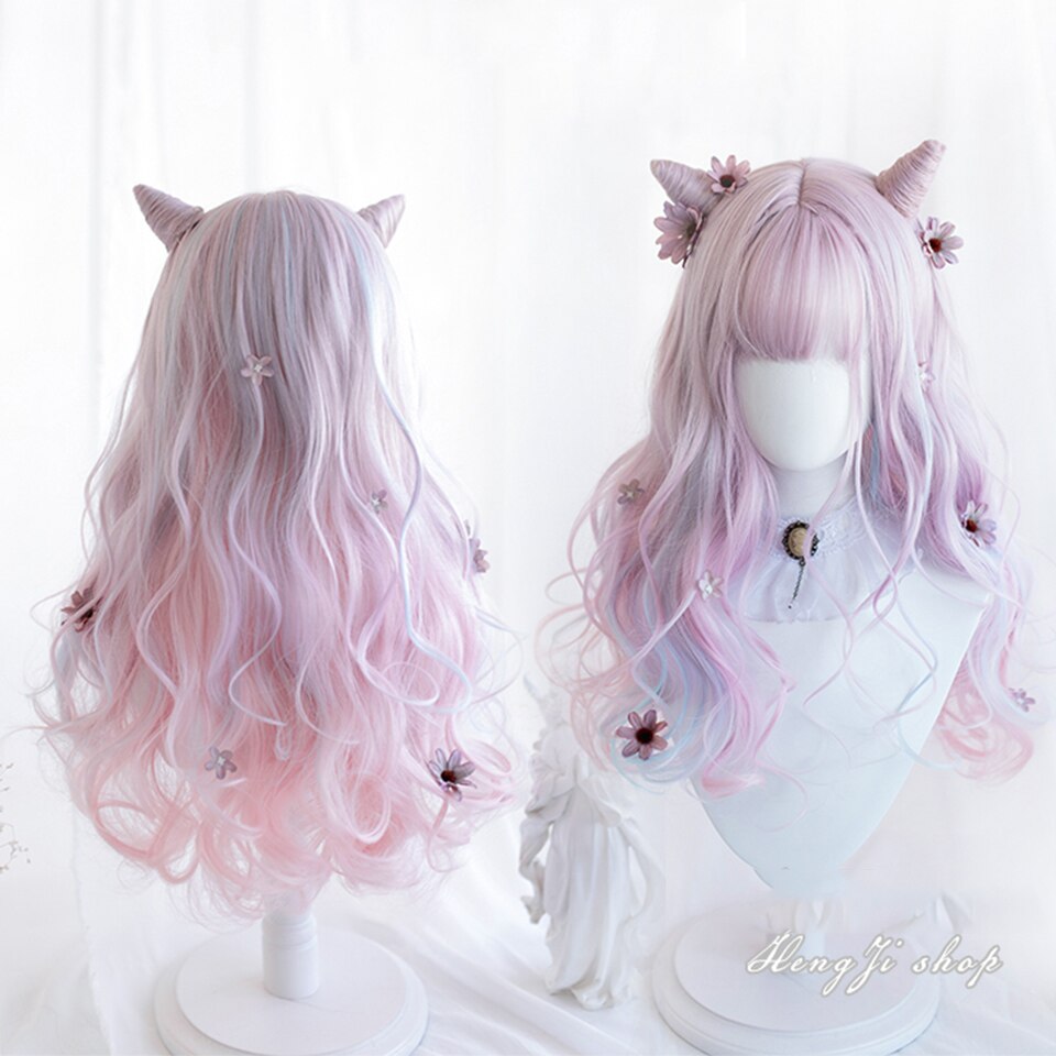 Synthetic long wavy curly hair female cold brown black cosplay Lolita pink purple blue wig heat-resistant bangs