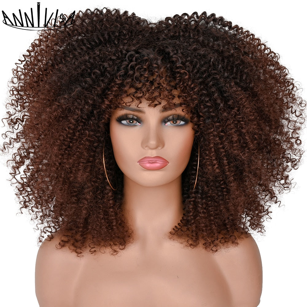 Curly Afro Wigs For Black Women Short Kinky Curly Wigs With Bangs 16inch Brown Afro Hair Synthetic Fibre Glueless Cosplay Hair