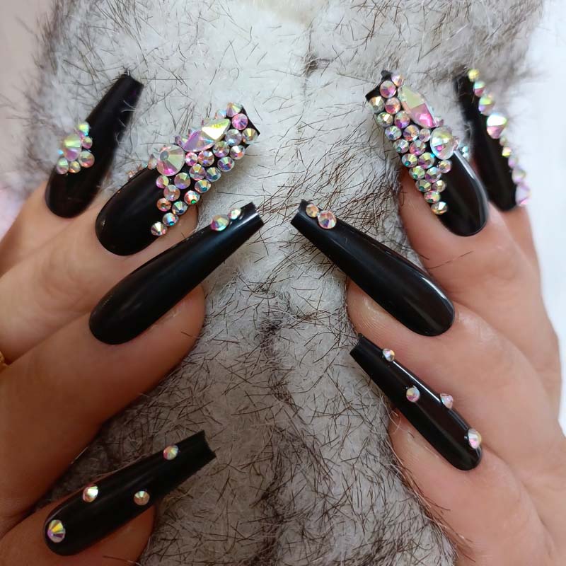 24pcs luxury jewelry long ballet coffin fake nails crystal diamond Transparent