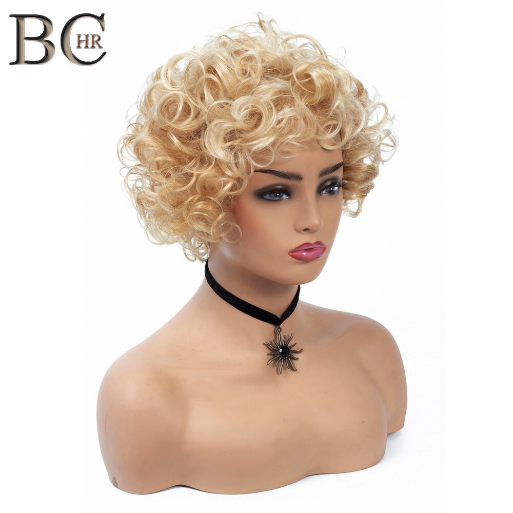 Short Curly Synthetic Wigs Golden Party Hair for White Women Blonde Mixed Colors High Temperature Fiber