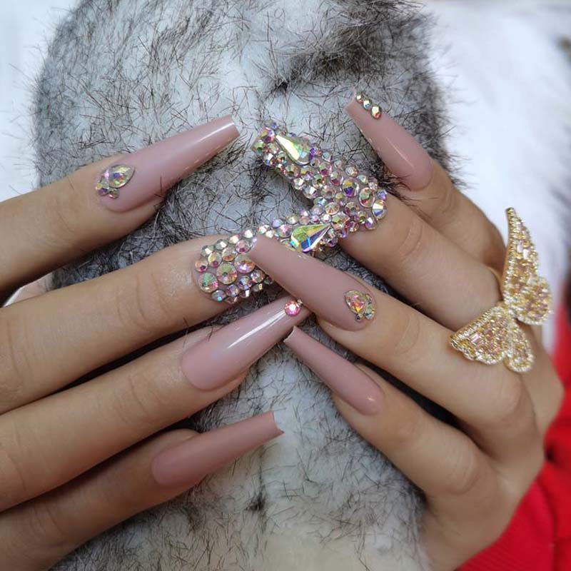 24pcs luxury jewelry long ballet coffin fake nails crystal diamond Transparent