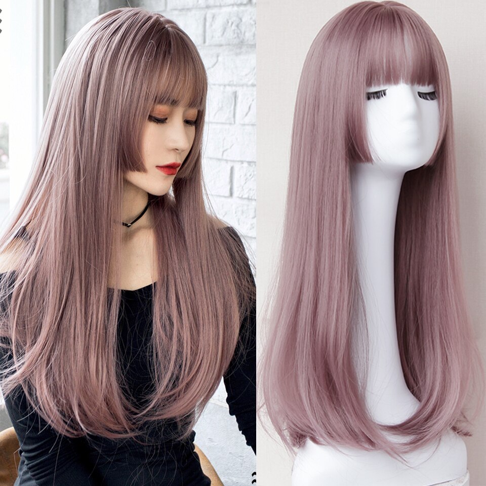 Long straight hair synthetic wig girl pink white gradient bangs cosplay Lolita party heat-resistant wigs