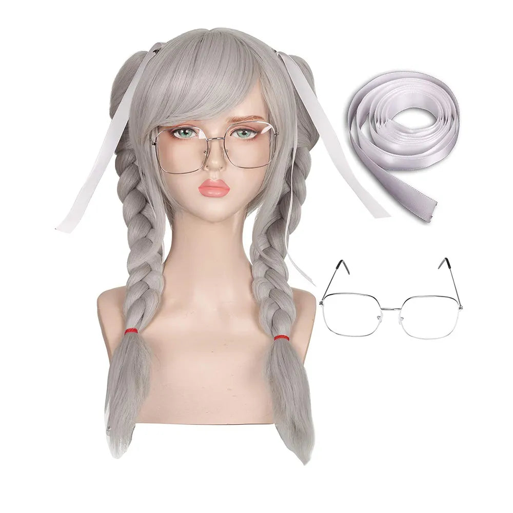 Anime Danganronpa Dangan Ronpa Peko Pekoyama Silver and White Double Ponytail Braided Cosplay Halloween Synthetic Wig