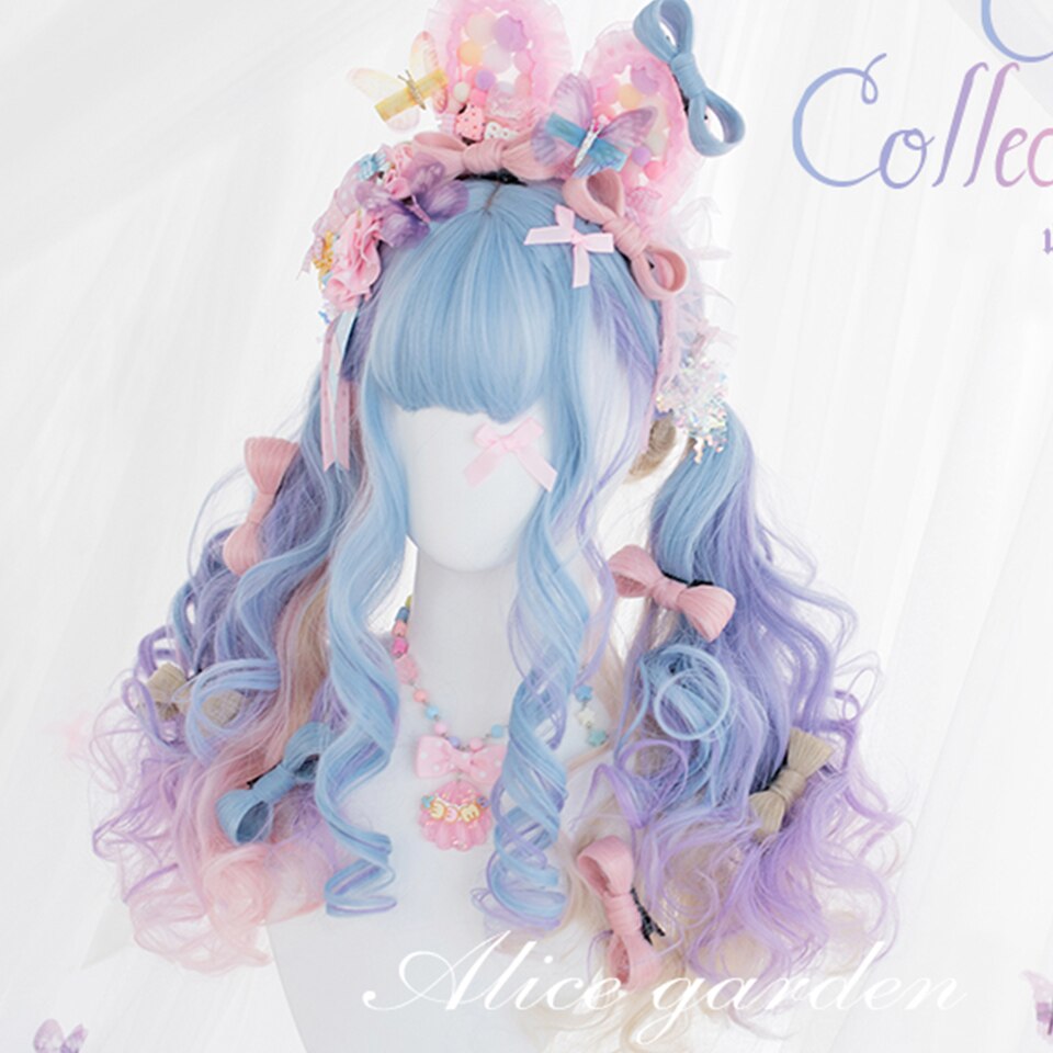Synthetic long wavy curly hair female cold brown black cosplay Lolita pink purple blue wig heat-resistant bangs