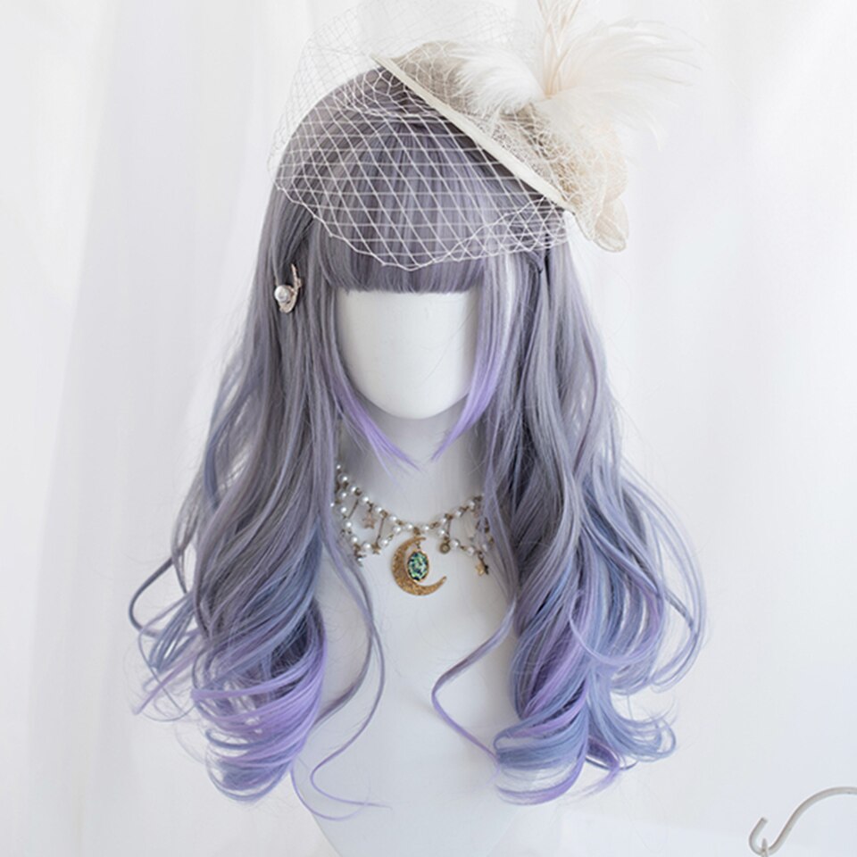 Synthetic long wavy curly hair female cold brown black cosplay Lolita pink purple blue wig heat-resistant bangs