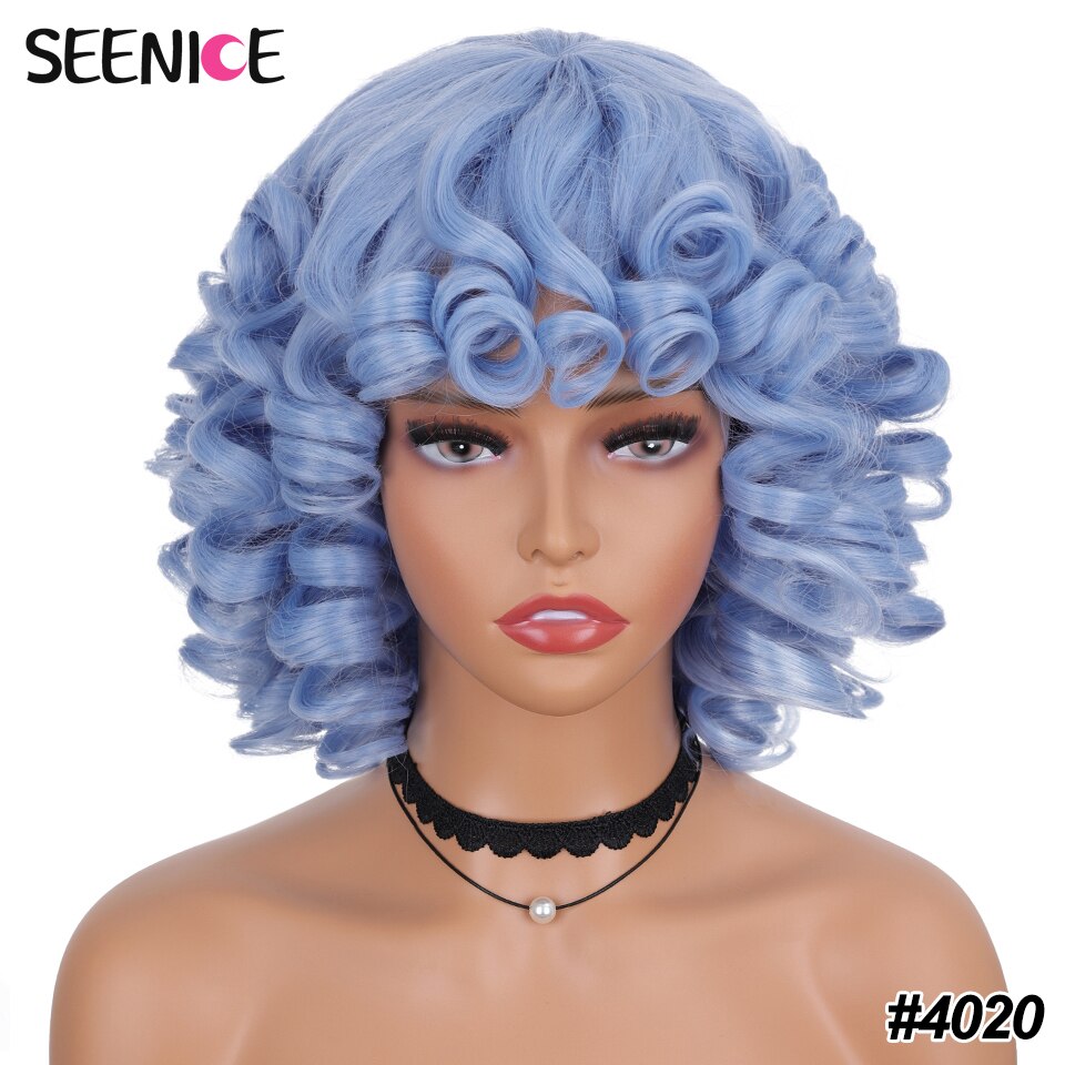 Short Hair Afro Kinky Curly Wigs With Bangs For Black Women Fluffy Synthetic African Ombre Glueless Cosplay Natural Brown Wigs