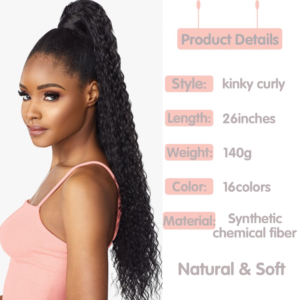 Synthetic 26Inch 65CM Kinky Curly Ponytail Clip-In Hair Extension Long Ombre Wrap Around Fake Ponytail Black Curly Pony Tail