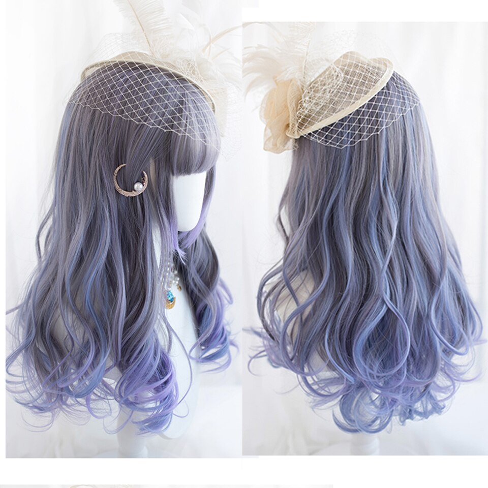 Synthetic long wavy curly hair female cold brown black cosplay Lolita pink purple blue wig heat-resistant bangs