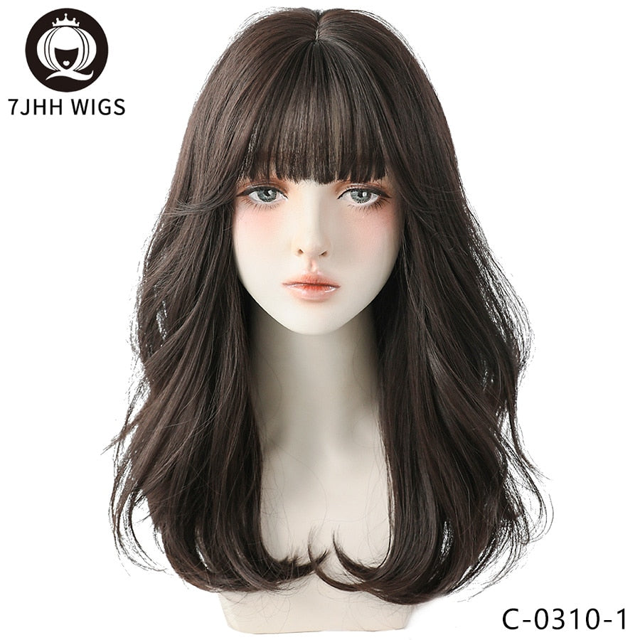 WIGS Long Wavy Curly Black Brown Synthetic Blend Wigs With Fluffy Bangs For Women Daily Wear Four Seasons Hair