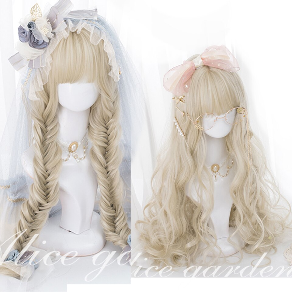 Synthetic long wavy curly hair female cold brown black cosplay Lolita pink purple blue wig heat-resistant bangs