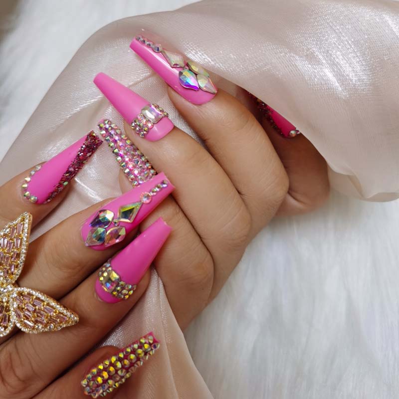 24pcs luxury jewelry long ballet coffin fake nails crystal diamond Transparent