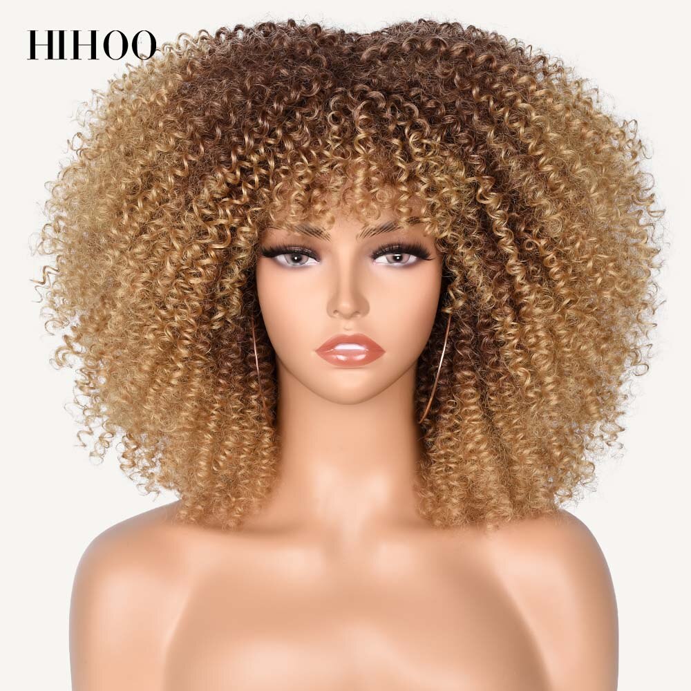 Short Hair Afro Kinky Curly Wigs With Bangs For Black Women Cosplay Lolita Synthetic Natural Blonde Wig Red Blue Orange Wig
