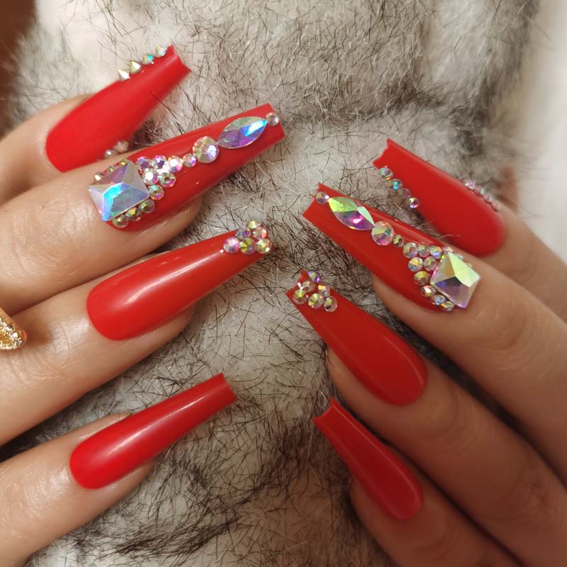 24pcs luxury jewelry long ballet coffin fake nails crystal diamond Transparent