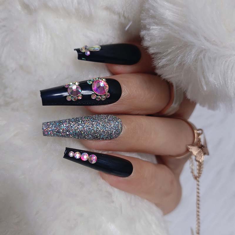 24pcs luxury jewelry long ballet coffin fake nails crystal diamond Transparent