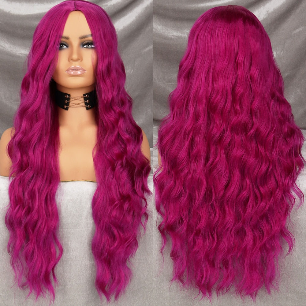 Long Wavy Green Synthetic Wig Women's Heat-Resistant Natural Half Part Cosplay Party Lolita Red Black Pink Wig