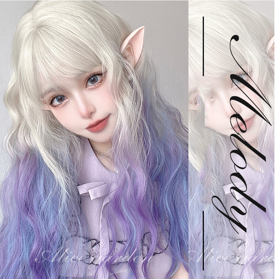 synthetic long curly hair wavy female golden gradient blue purple pink color wig cosplay Lolita wig high temperature
