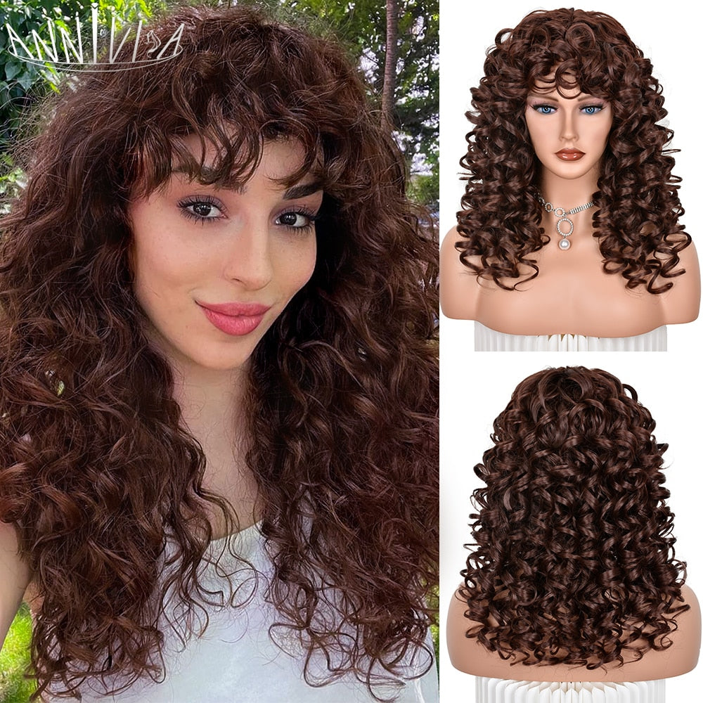 Red Brown Curly wigs with Bangs Natural Synthetic Long Wavy Wigs for Women Afro Cosplay Daily Heat Resistant Hair Wig