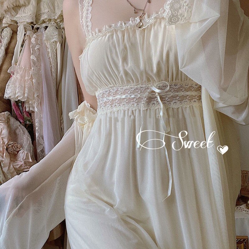 2pcs Nightgown Women Lace Mesh Princess Nightdress Vintage Retro Lady French Royal Court Style Summer Pajama Nightwear Sleepwear