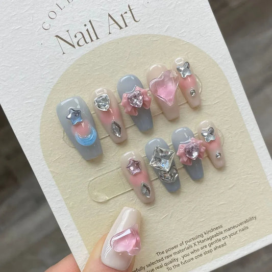 Handmade Pink Press on Nails Long Korean Design Reusable Adhesive False Nails with Charms Full Cover Nail Tips Manicure