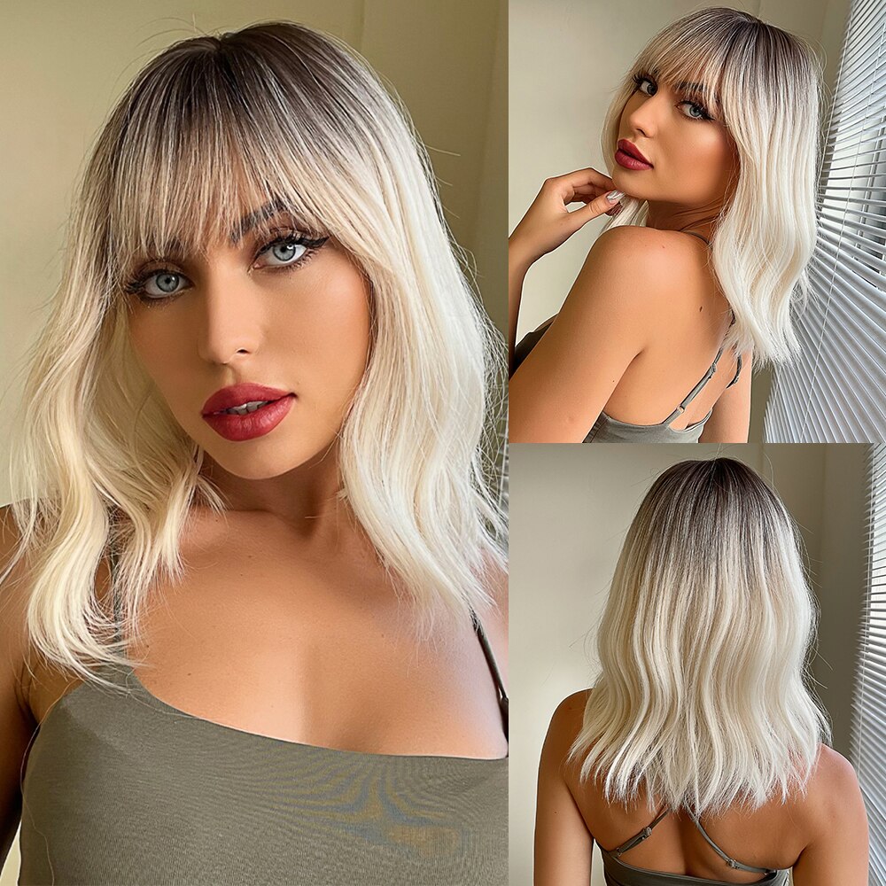 Grey Wavy Bob Wigs With Bangs Short Blonde Wavy Bob With Dark Roots