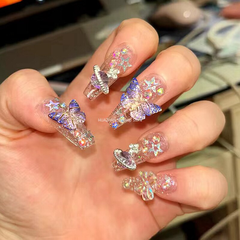 Handmade Purple Glitter Rhinestone Butterfly Fake Nail With Glue Bling Press On Nails Y2K Reusable Coffin False Nails Tips Gift