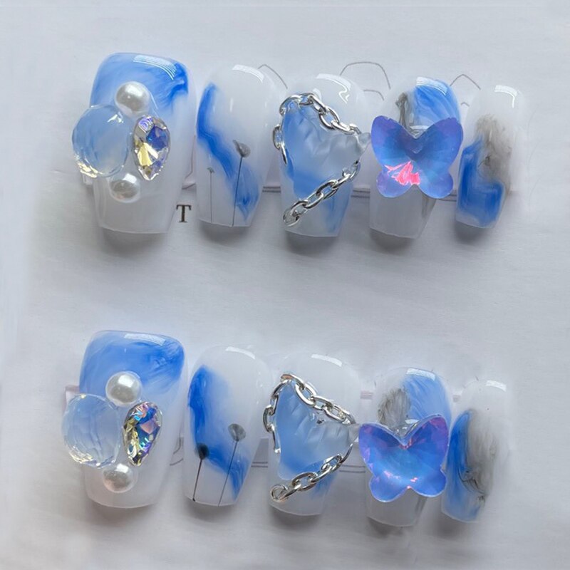 Blue Whale Handmade Wearable Fake Nails Mermaid Ocean Wearing Nails Sticker Reusable Press On Nail Patches Decoration