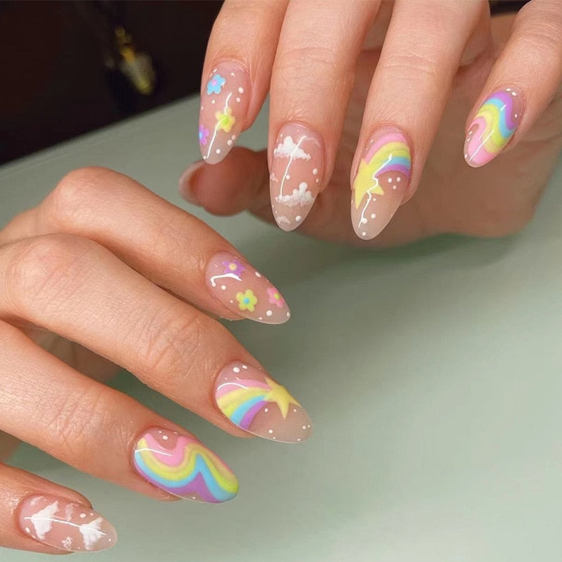 24PCS/Box Pearl Powder Milk White False Nails Round Head with Glue Long Ballet Wearable Fake Nails Full Cover Press on Nail Tips