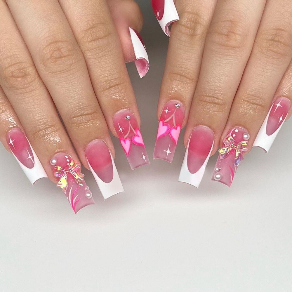 Long Ballet False Nails French With Rhinestones Artificial Handmade coffin Fake Nails Manicure Press on Nail Seamless Removable