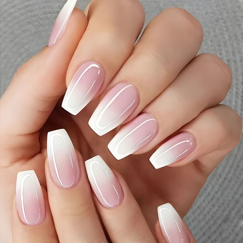 24pcs Long Ballerina French Crystal Aurora Gradient Fake Nails Glitter False Nails Full Cover Press on Nails DIY Detachable