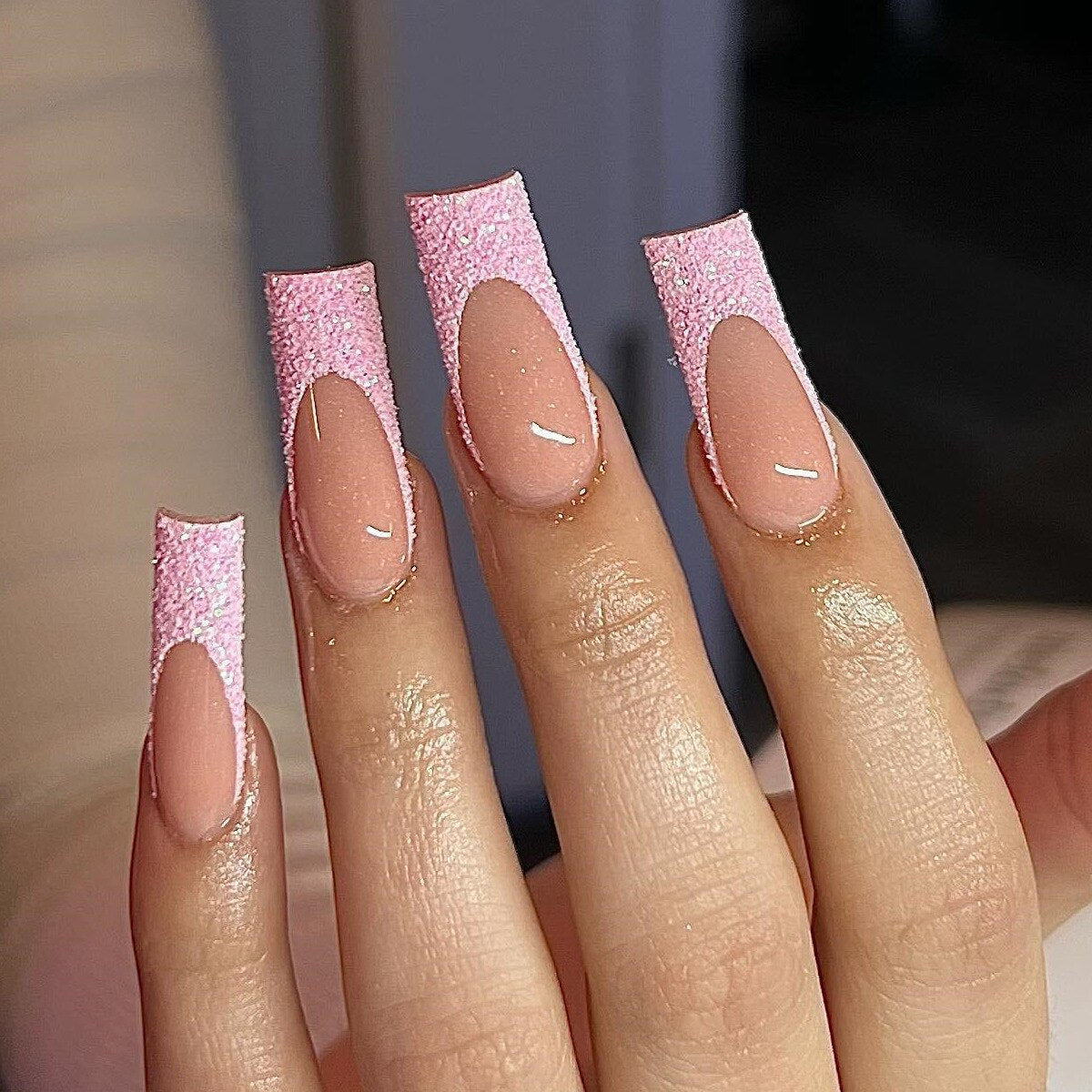 24Pcs Wearable False Nails with glue Long Ballerina Pink Press On Nails French Full Cover Coffin Fake Nails tip with rhinestones