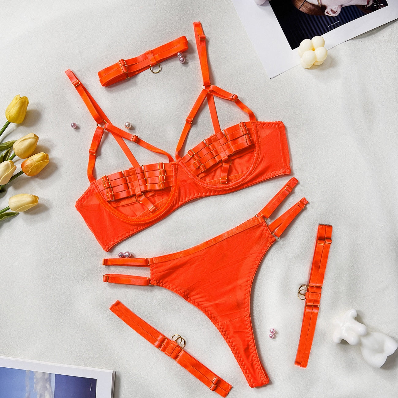 Sexy Lingerie Naked Women Without Censorship 5-Piece Sexy Costume Hollow Underwear Uncensored Sensual Open Bra Outfits