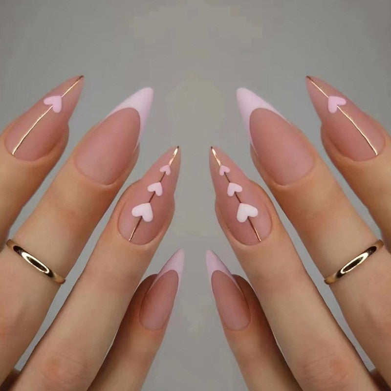 24pcs Almond Full Cover y2k black Sweet Fake Nails with glue cool Stiletto press on nails French artificial Nails With designs