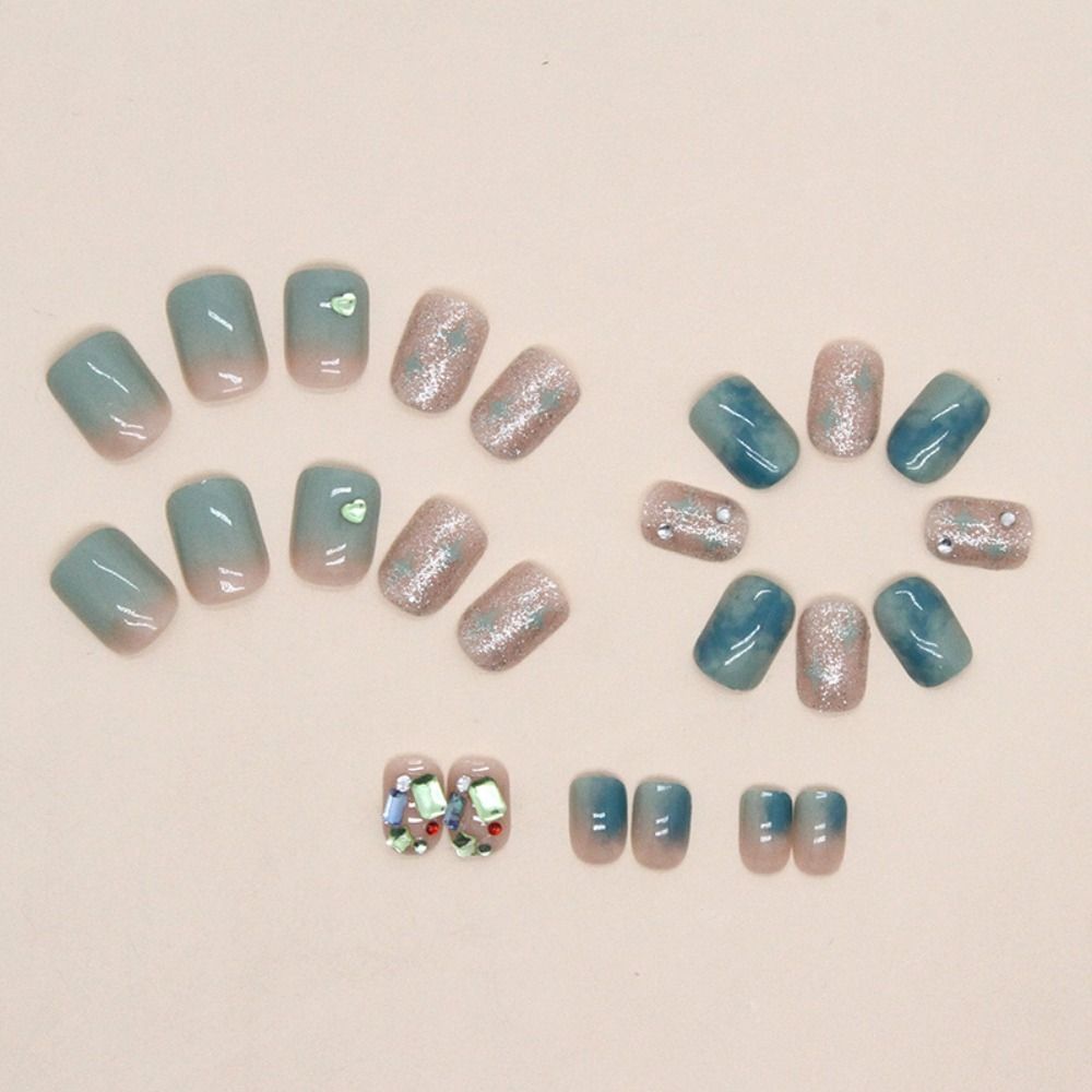 24pcs Press on Nails Glitter Rhinestone Design False Nail Patch French Square Head Simple Full Cover Artificial Fake Nails