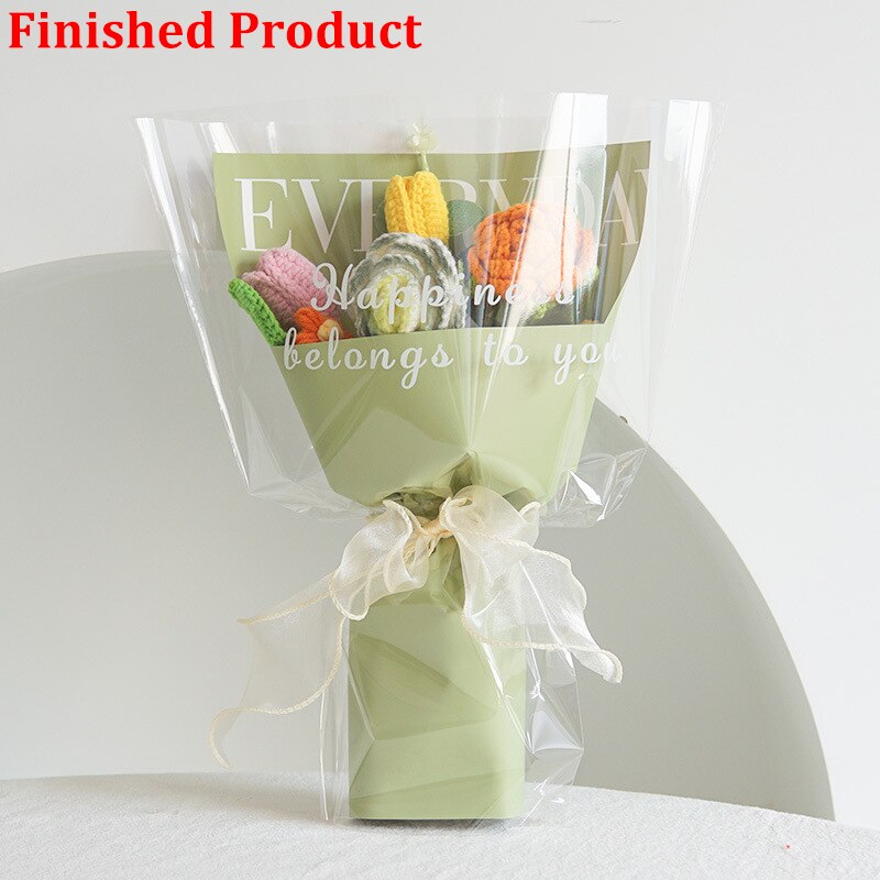 Finished Product Knitting Flowers Rose Tulip Fake Flowers Bouquet Wedding Decoration Hand-woven Home Decorate Knit Flower Gifts