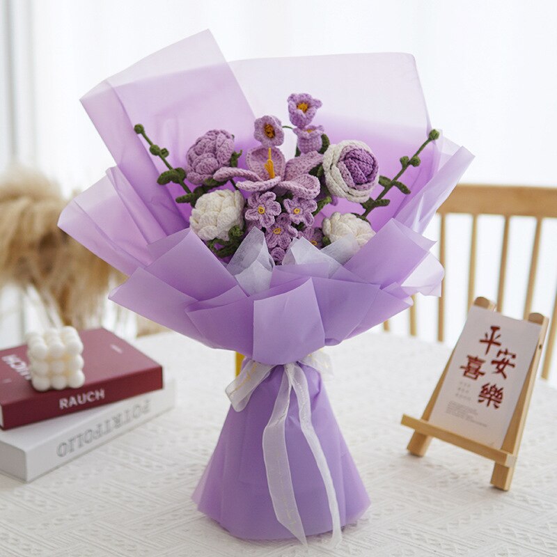 Knitting Flowers Rose Tulip Artificial Fake Flowers Bouquet Wedding Decoration Hand-woven Home Decorate Knit Fake Flower Gifts