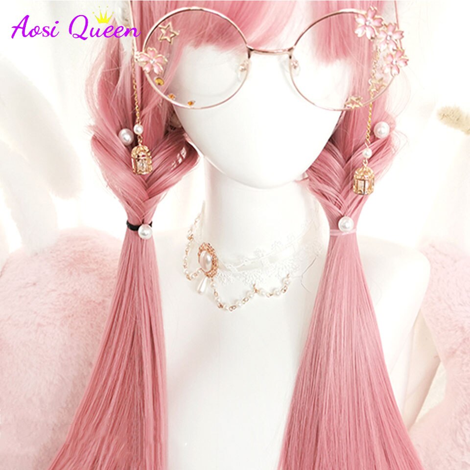 Cosplay Wig With Bangs Synthetic Straight Hair 24 Inch Long Heat-Resistant Pink Wig For Women
